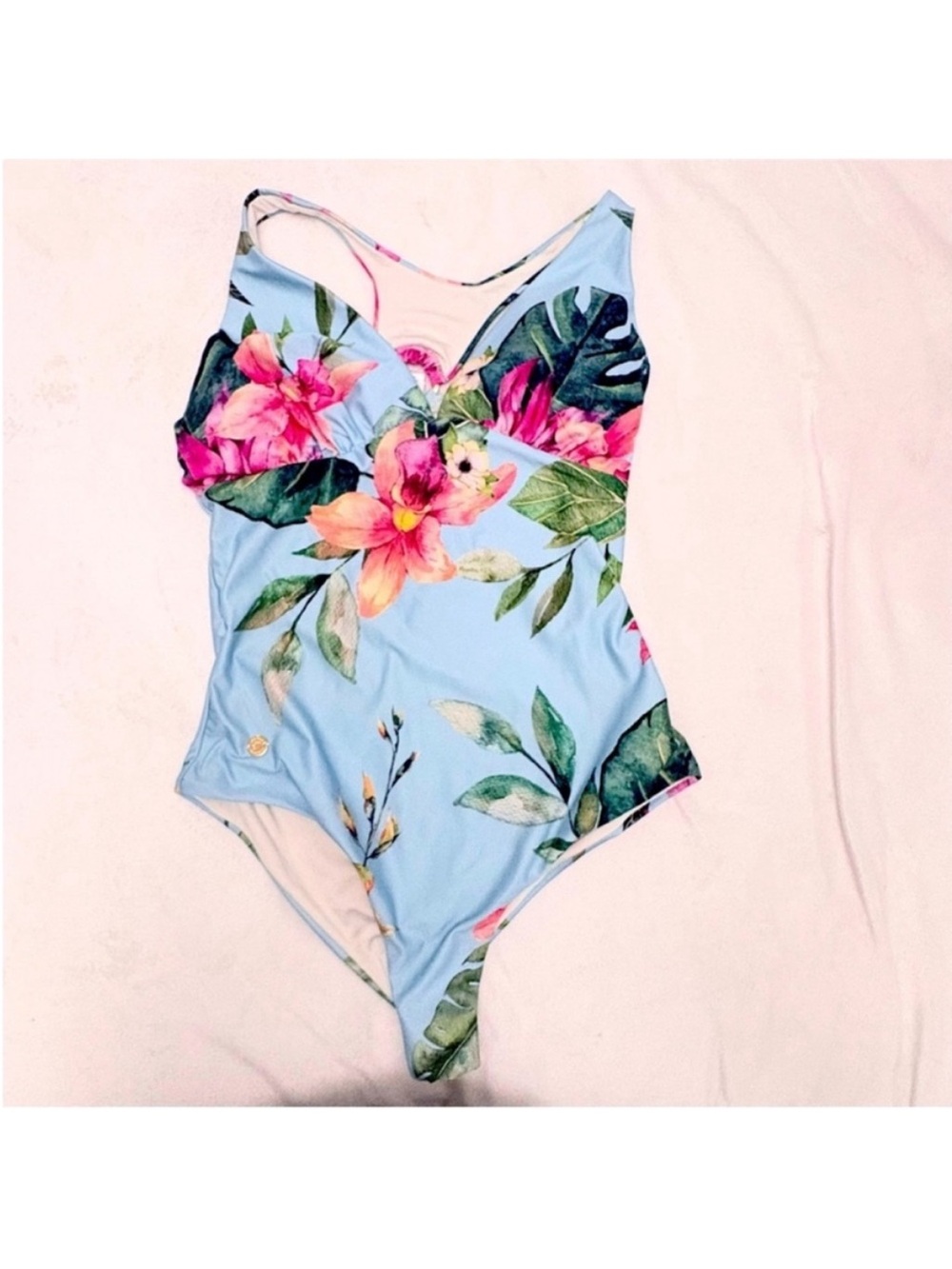 Leonisa Floral One-Piece Swimsuit in Light Blue with Pink Flowers Size Large